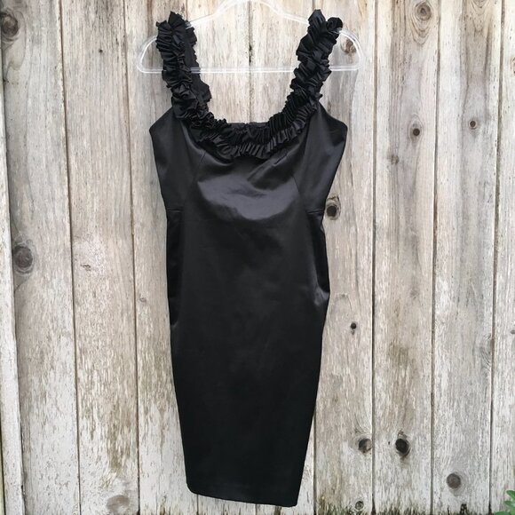 Maggy London Black Cocktail Ruffle Neckline Satin Sheen Sleeveless Dress Size 4 - Picture 1 of 9